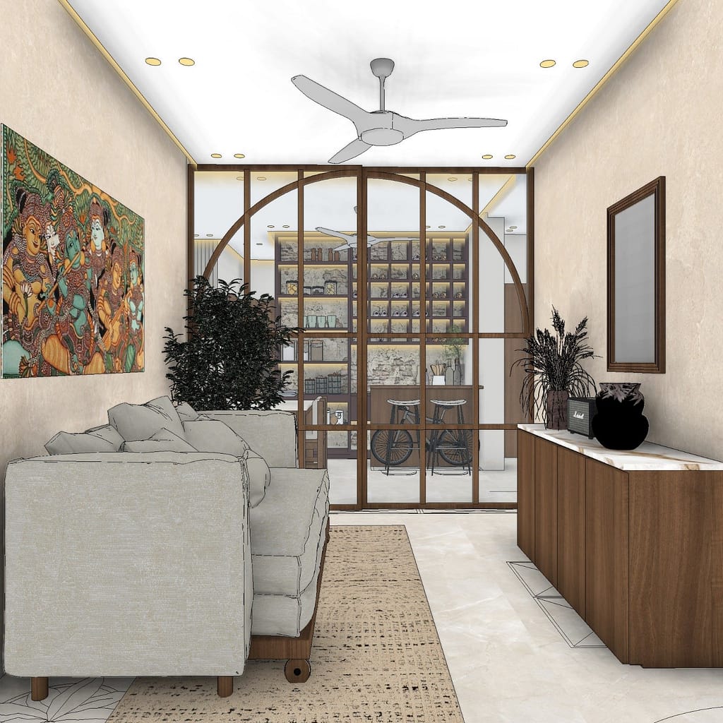 3D Apartment Interior Design in Kolkata: Inside a Warm, Modern Home (9 Views) 7 Lounge with Kerala mural and sofa-cum-bed looking through an arched wood-and-glass partition towards the backlit bar unit and dining area of a Kolkata flat
