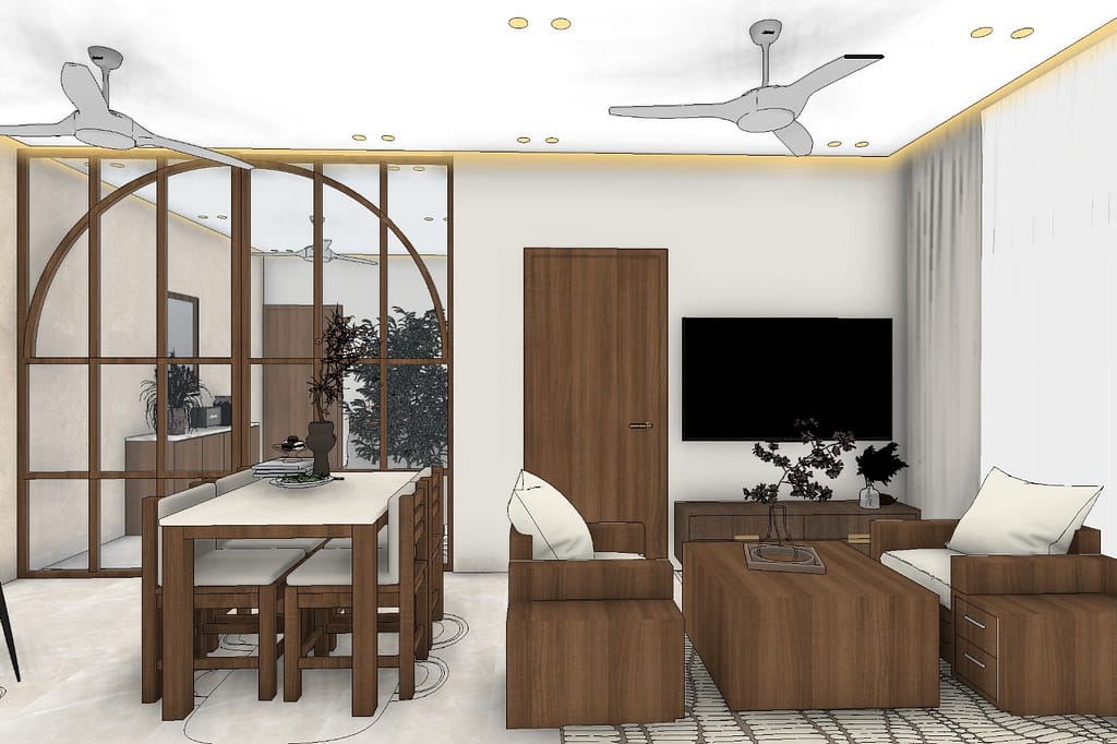 3D Apartment Interior Design in Kolkata: Inside a Warm, Modern Home (9 Views) 3 3D apartment interior design in Kolkata - living room with minimal TV wall, walnut sofa set and arched wood-framed glass partition, by Estate Lookup Interiors