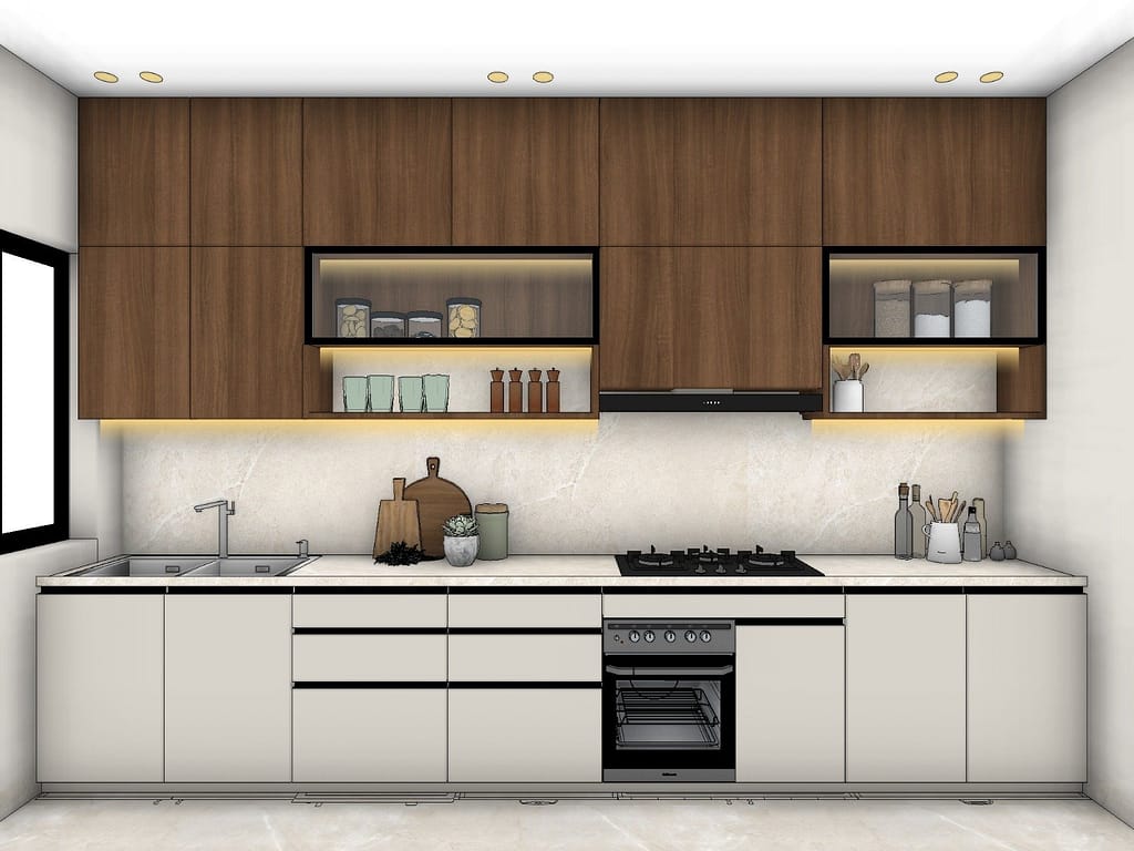3D Apartment Interior Design in Kolkata: Inside a Warm, Modern Home (9 Views) 10 3D render of a straight modular kitchen for a Kolkata home with walnut wall cabinets, glass-profile display shutters, profile-lit open shelves, off-white base units, built-in oven, hob and chimney
