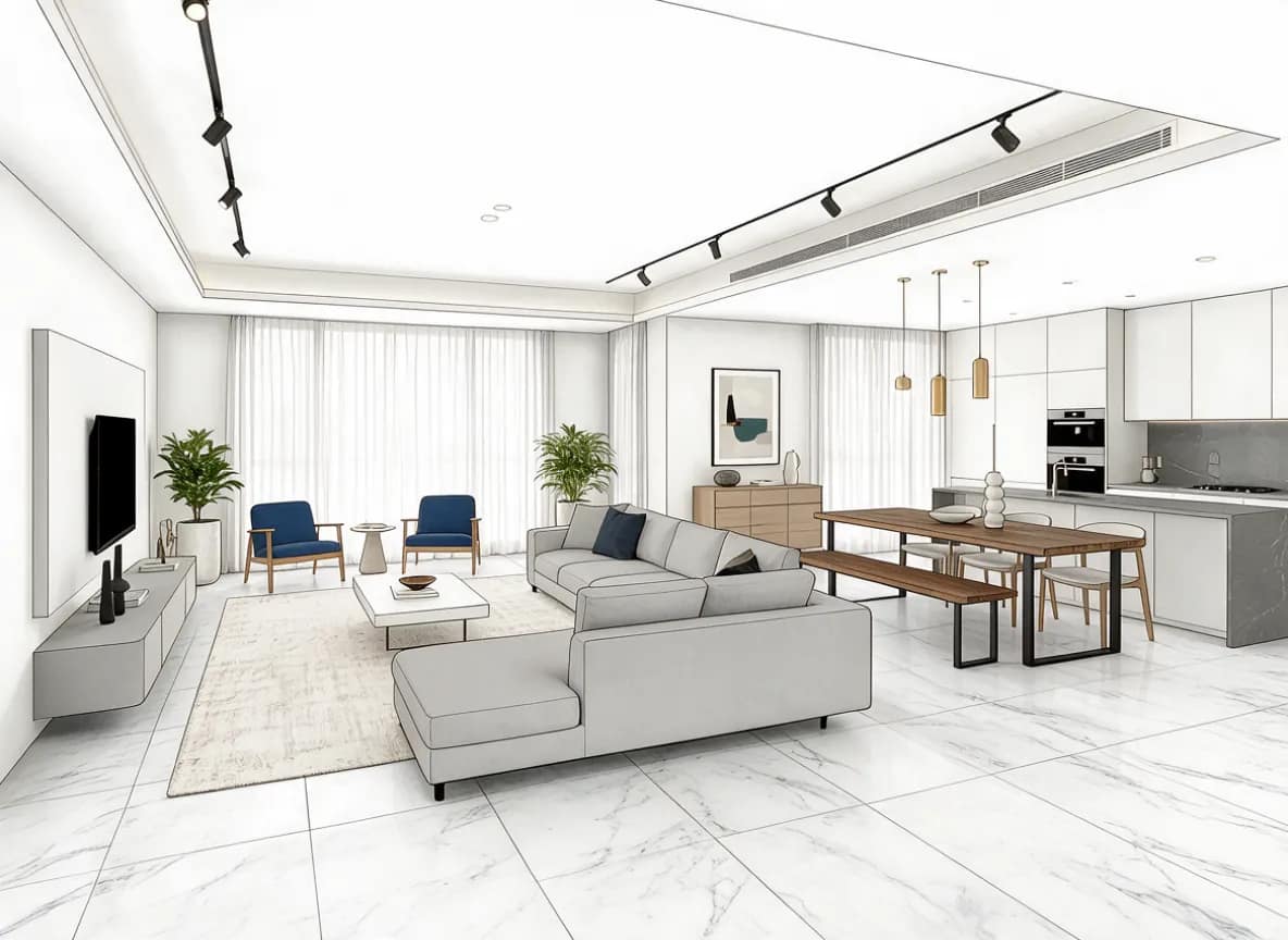 Interior Design Beyond Panels: Creative, Psychology-Led Ideas for Happier Kolkata Homes 18 Sketch-render hybrid of a living room with grey L-shaped sofa, blue armchairs, track lighting, recessed ceiling and marble-look floor, showing the transition from drawing to 3D visualisation