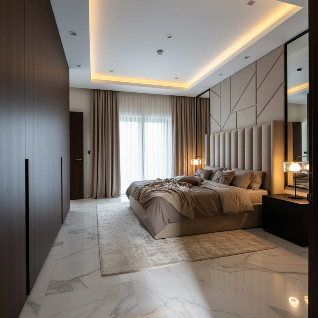 Home 28 3BHK apartment interior designed by Estate Lookup Interiors at utalika luxury, the condoville in Kolkata Bedroom1