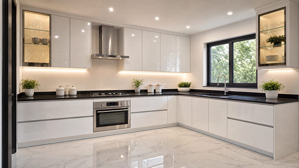 Most Popular Modular Kitchen Layouts for Apartments in Kolkata (2026) 2 modern l kitchen main l corner view scaled