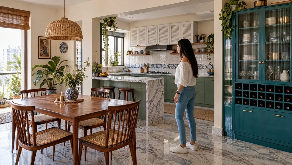 Interior Designer in Newtown 1 Open kitchen and dining room with teal crockery unit, sage cabinets and cane chairs, a design concept by Estate Lookup Interiors, interior designer in Kolkata