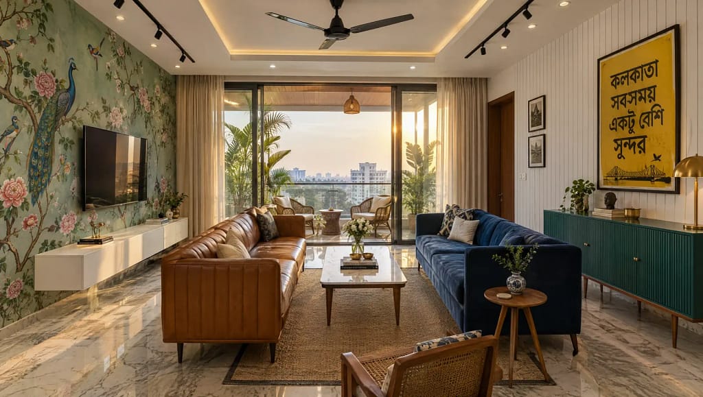 Sunlit Kolkata living room with peacock chinoiserie wallpaper, tan leather and navy velvet sofas, white marble coffee table, teal fluted sideboard and a yellow Bengali typography poster with Howrah Bridge