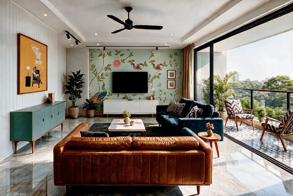 Living room design in Kolkata: hand-painted chinoiserie wall in sage green, wall-mounted TV and inward-facing seating in a high-floor apartment