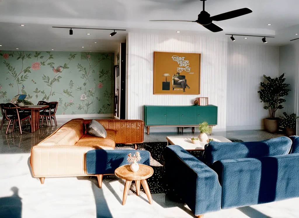 Living room design in Kolkata: teal sideboard on legs, white fluted panelling and framed Bengali typography artwork