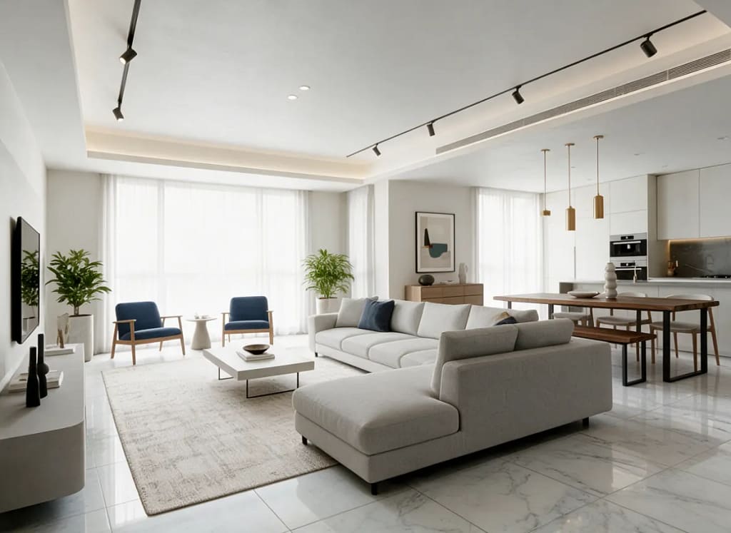 Open-plan living room design with grey L-shaped sofa, navy accent chairs, cove-lit false ceiling, black track lights and white marble-look floor, 3D render by Estate Lookup Interiors