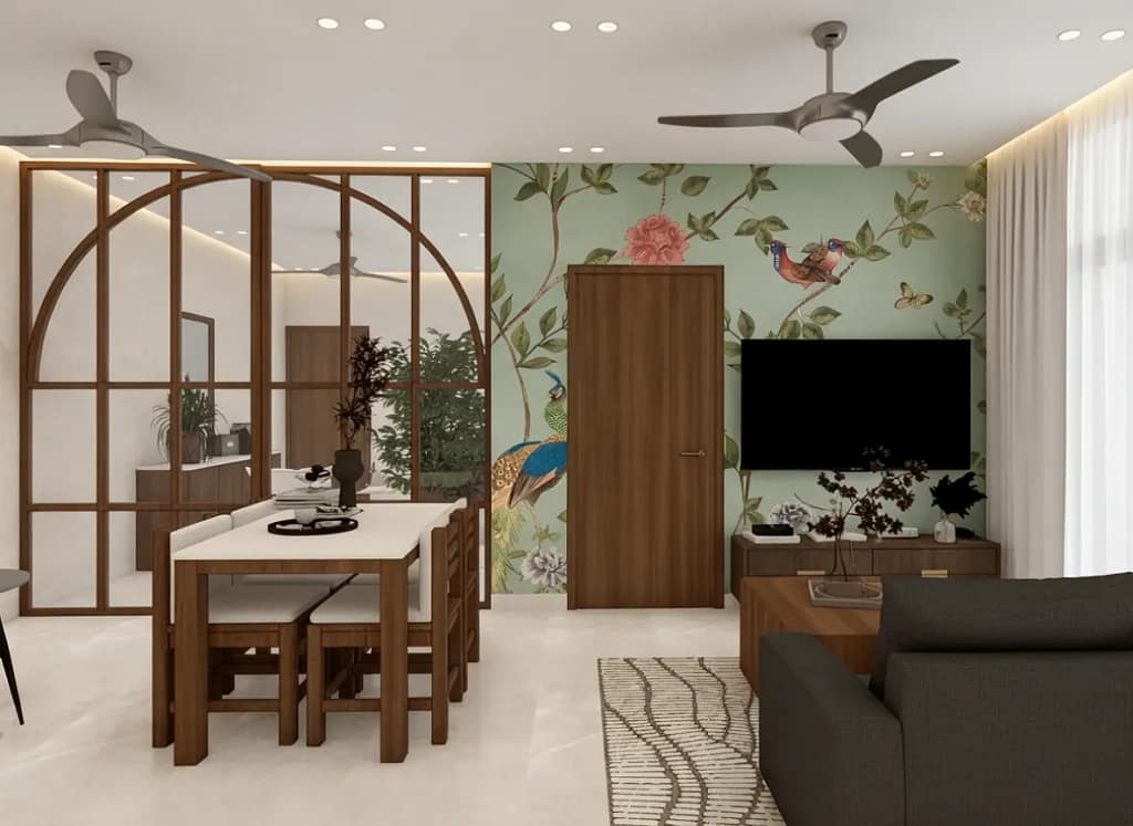 Interior designer in Anandapur design concept: living and dining area with peacock wallpaper, arched glass partition and walnut dining table