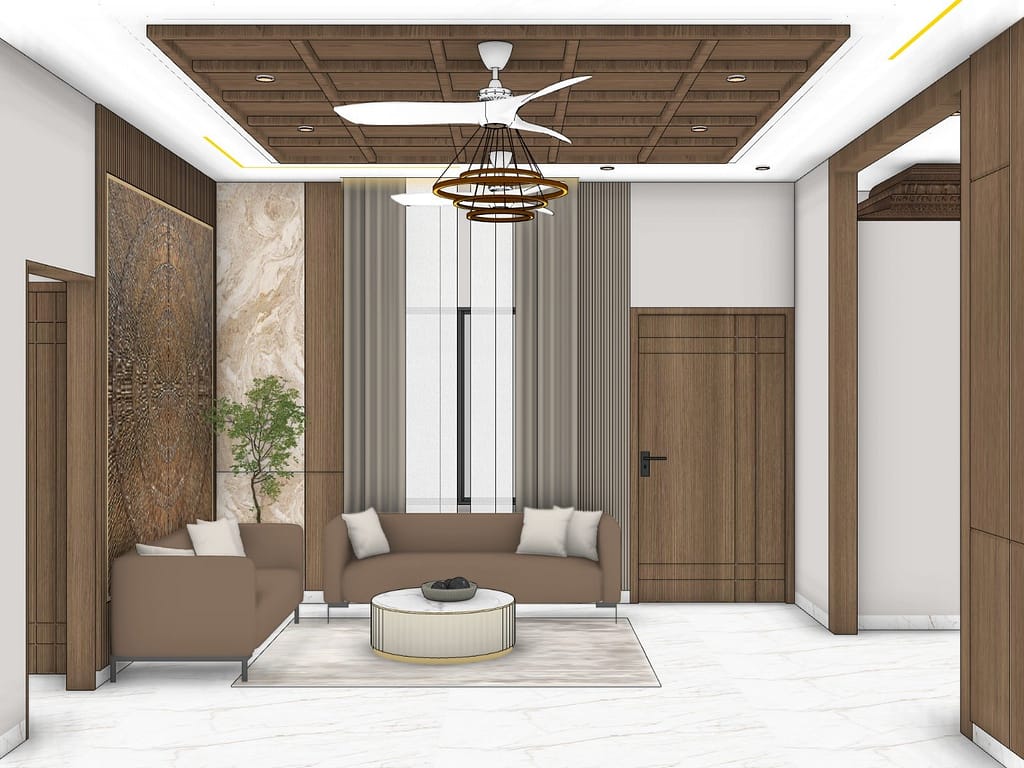 3D Home Interior Design in Kolkata: 19 Stunning Room Views of a Modern Family Home 1 Living room with brown sofas, round fluted coffee table, carved wooden wall panel, onyx-look marble strip, tall curtains and wooden grid ceiling with chandelier
