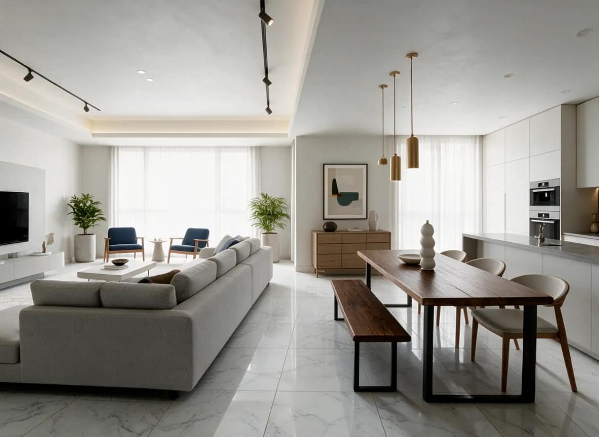 Living Room Design Ideas for Kolkata Homes: From 3D Sketch to Final Render 6 Living and dining room design with walnut dining table, bench seating, brass pendants and oak sideboard beside an open kitchen, 3D render by Estate Lookup Interiors