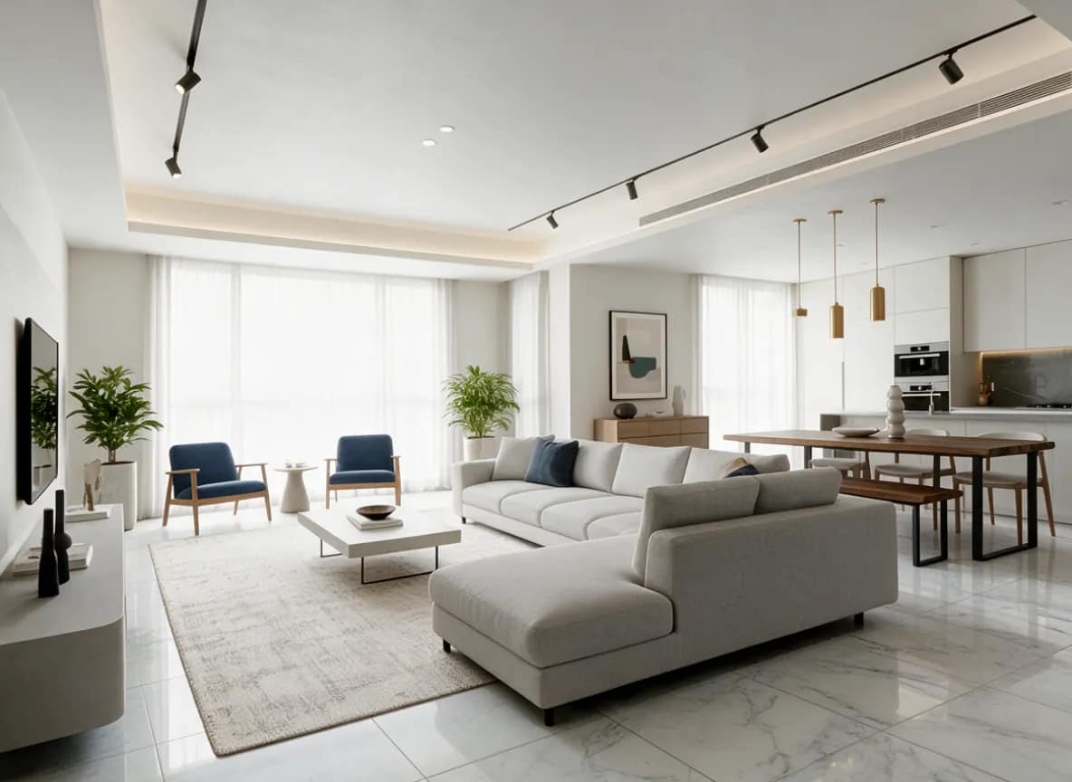 Open-plan living room design with grey L-shaped sofa, navy accent chairs, cove-lit false ceiling, black track lights and white marble-look floor, 3D render by Estate Lookup Interiors