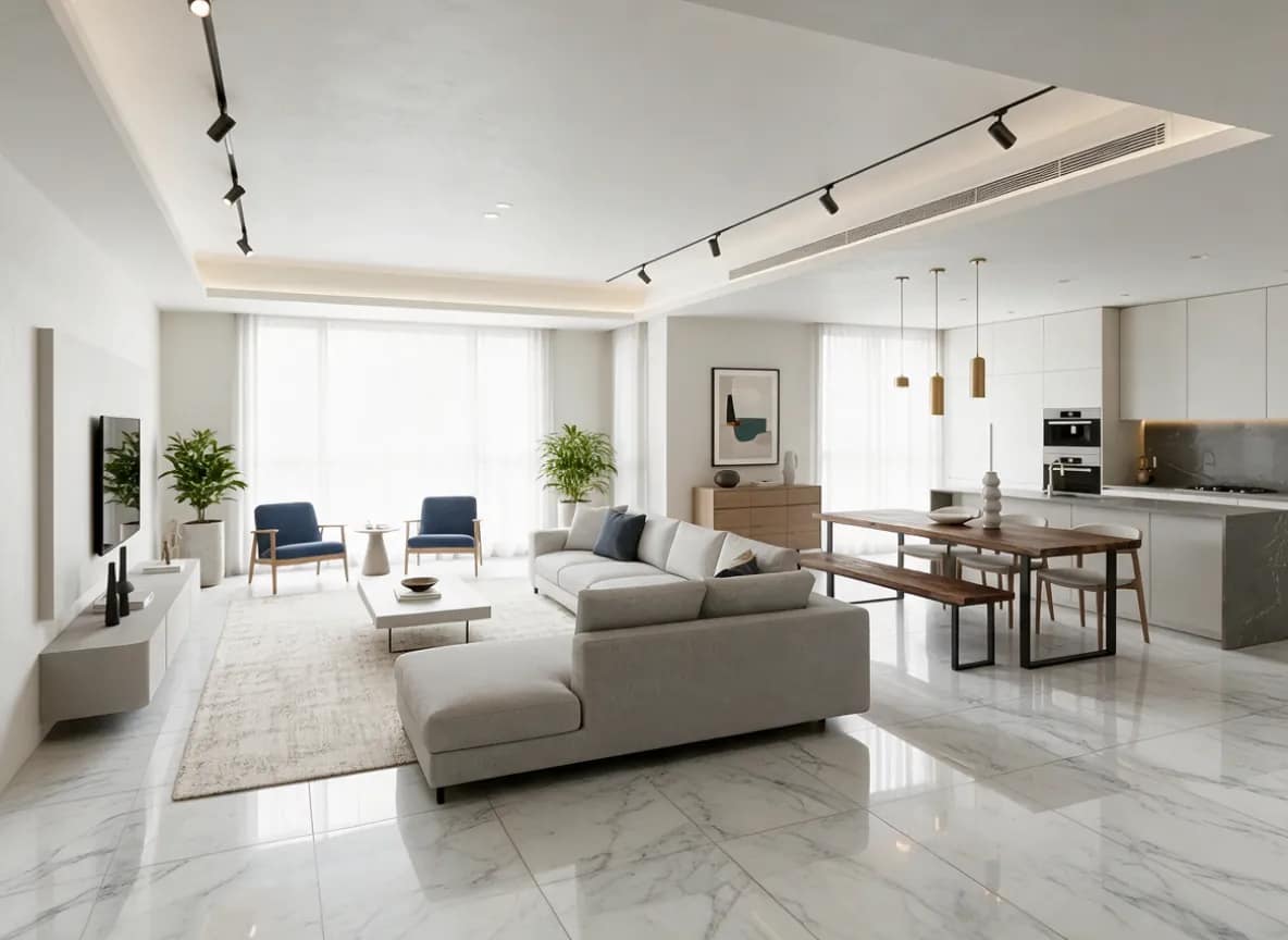 Living Room Design Ideas for Kolkata Homes: From 3D Sketch to Final Render 7 Open-plan living, dining and kitchen with grey stone island, walnut dining table with bench, brass pendant lights and floating TV unit, 3D render by Estate Lookup Interiors