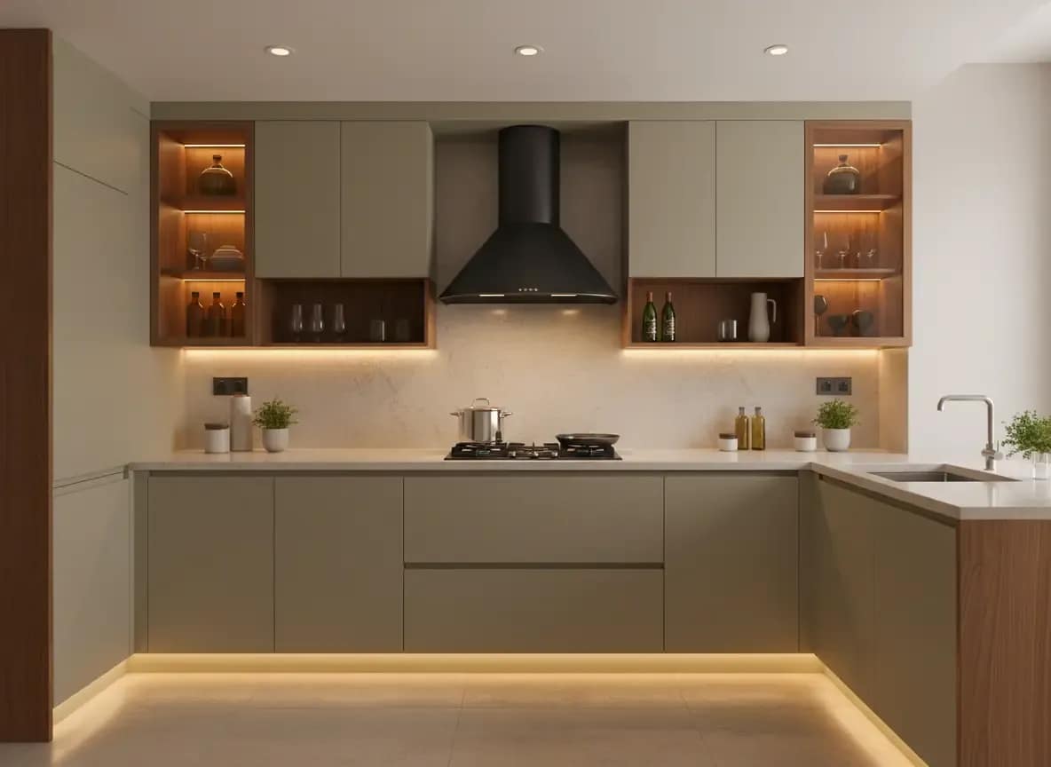 Modular Kitchen Kolkata 3 Sage-grey L-shaped modular kitchen with handleless cabinets, walnut open shelves with LED strip lighting, black chimney hood, light quartz countertop and warm plinth lighting