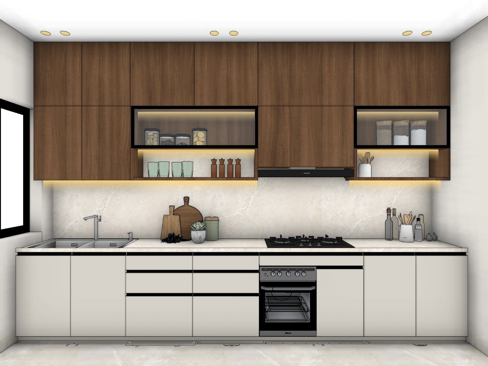 Modular Kitchen Kolkata 5 3D render of a straight modular kitchen for a Kolkata home with walnut wall cabinets, glass-profile display shutters, profile-lit open shelves, off-white base units, built-in oven, hob and chimney