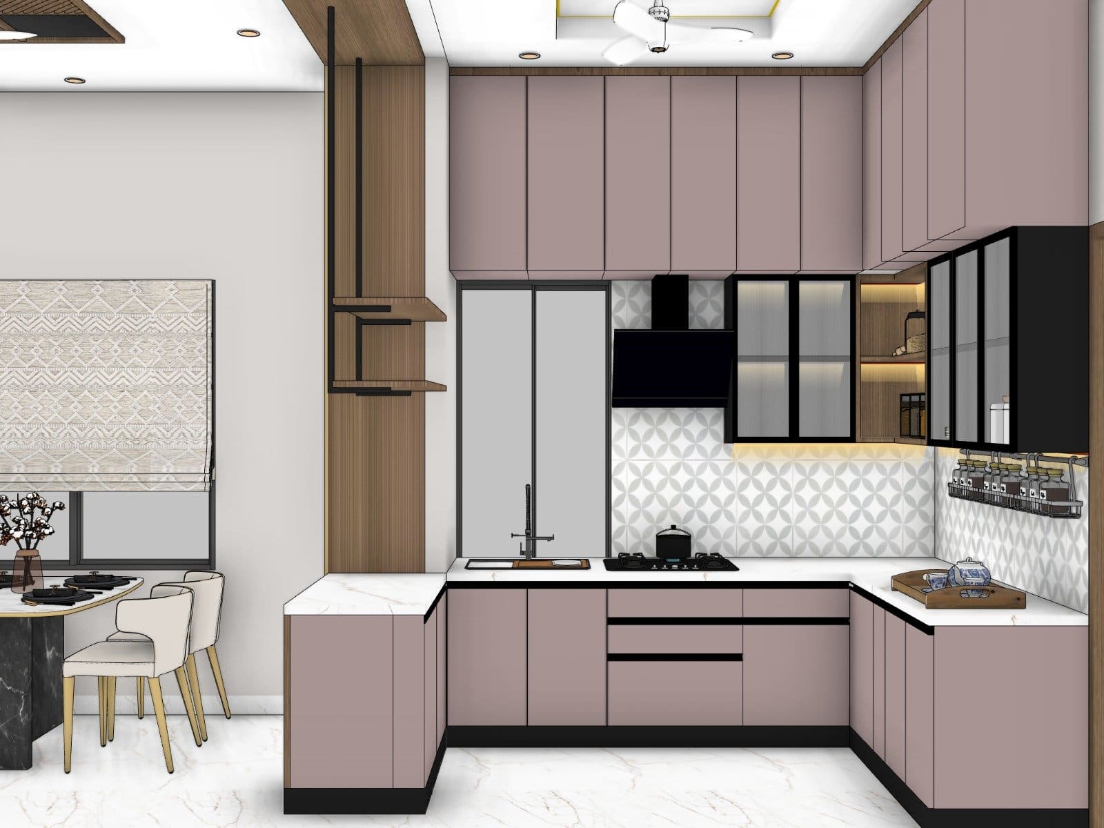 Modular Kitchen Kolkata 4 U-shaped modular kitchen with mauve handle-less shutters, black-framed fluted glass wall units, angled chimney, hob, sink and patterned backsplash tiles