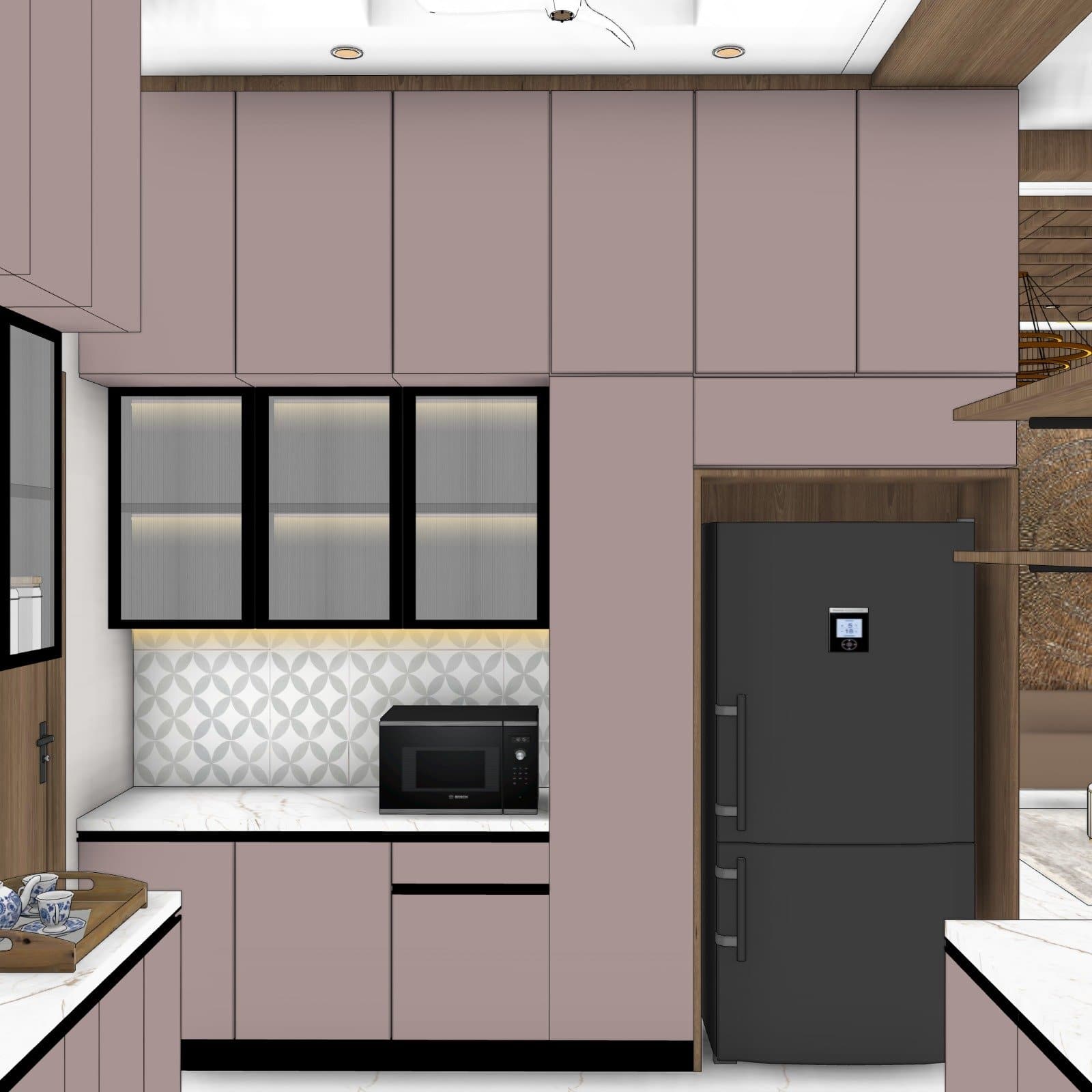 Modular Kitchen Kolkata 6 Kitchen wall with full-height mauve storage, walnut-lined refrigerator niche, microwave counter and lit fluted glass cabinets