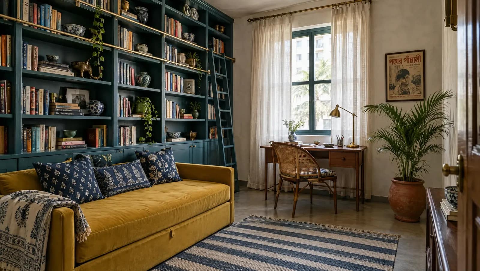 Interior Designer in Patuli 2 Home library and reading room with teal bookshelves, mustard sofa and cane chair, a design concept by Estate Lookup Interiors, interior designer in Patuli, Kolkata