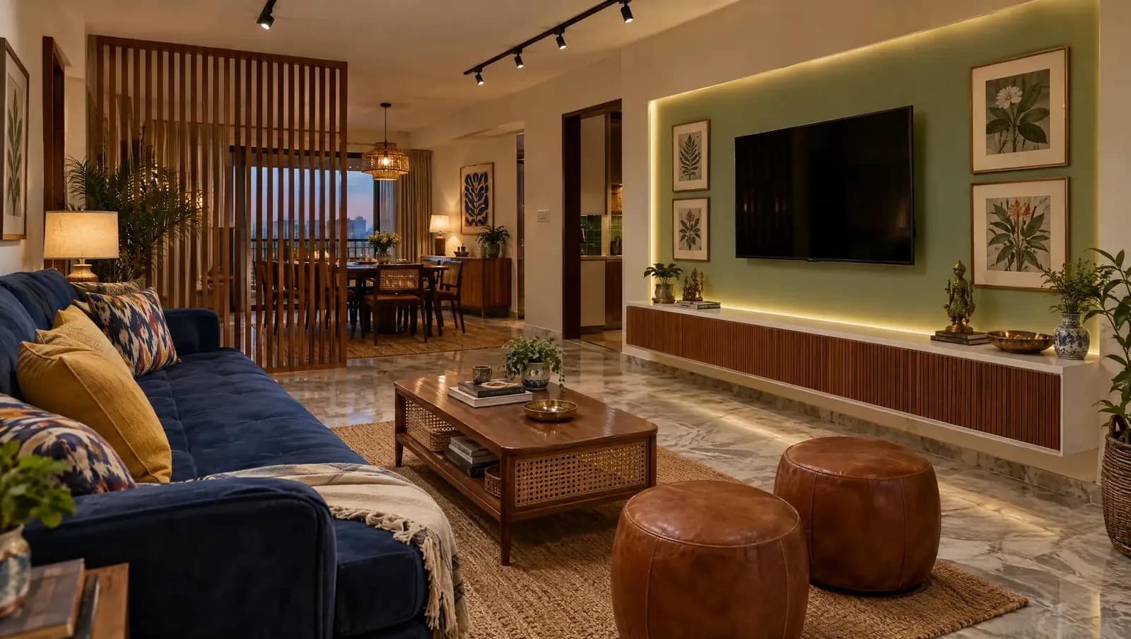 Interior Designer in Bowbazar 2 Warm living room with wooden slat partition, navy sofa and backlit botanical wall, a design concept by Estate Lookup Interiors, interior designer in Bowbazar and Kolkata