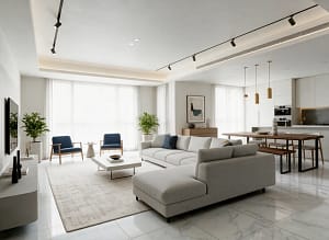 Interior Designer in Southern Avenue 2 Open-plan living room design with grey L-shaped sofa, navy accent chairs, cove-lit false ceiling, black track lights and white marble-look floor, 3D render by Estate Lookup Interiors