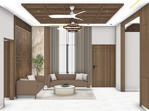 Interior Designer in Southern Avenue 3 Living room with brown sofas, round fluted coffee table, carved wooden wall panel, onyx-look marble strip, tall curtains and wooden grid ceiling with chandelier