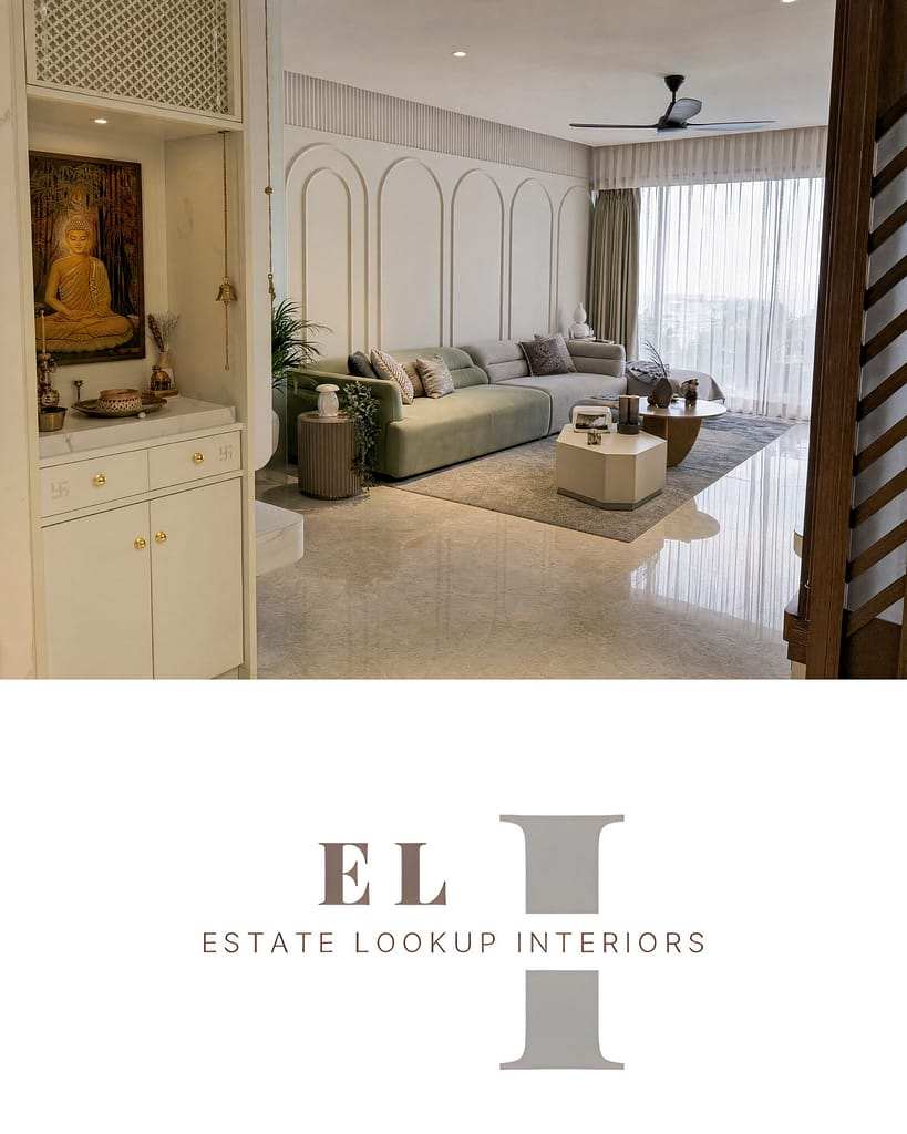 A Calm, Modern 3BHK Living Room in Kolkata 7 Modern 3BHK living room in Kolkata with arch wall panels, sage green and grey sofa, designed by Estate Lookup Interiors