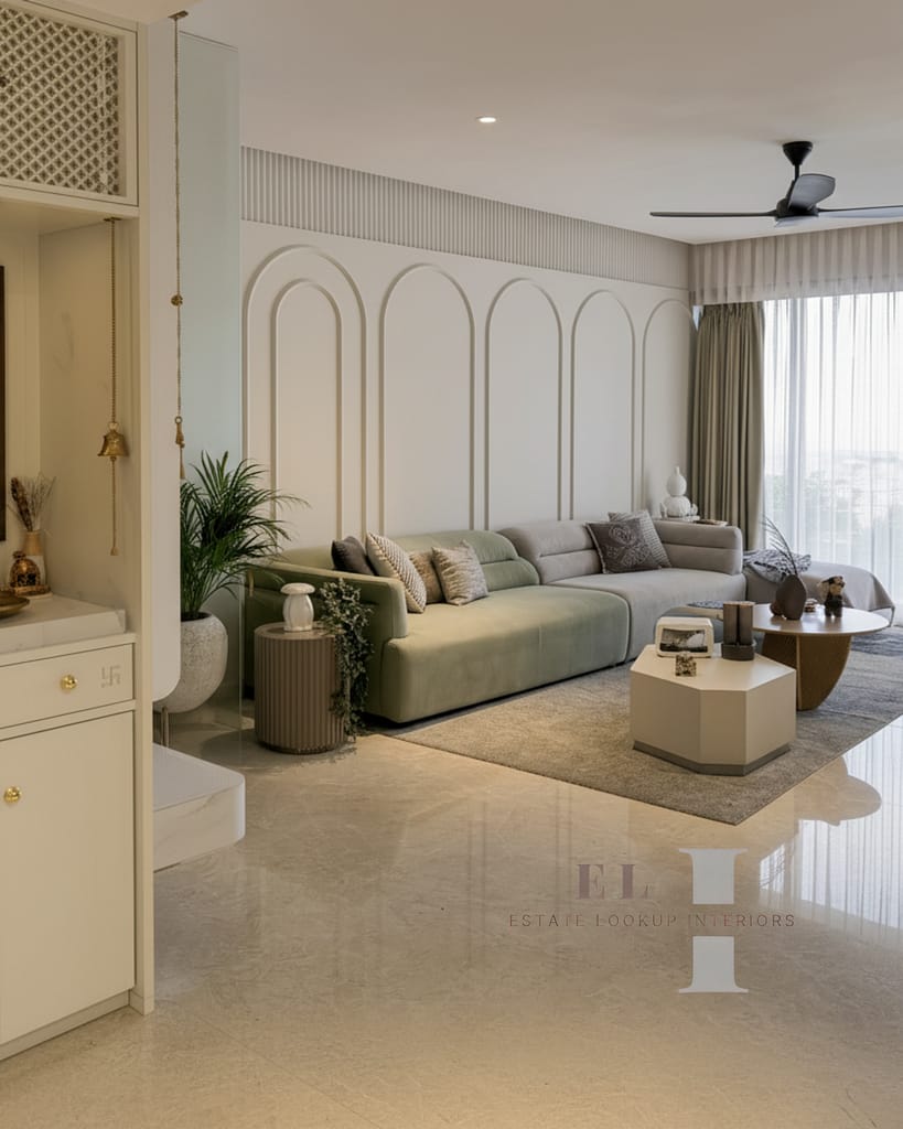 About 4 Modern 3BHK living room in Kolkata with arch wall panels, sage green and grey sofa, designed by Estate Lookup Interiors
