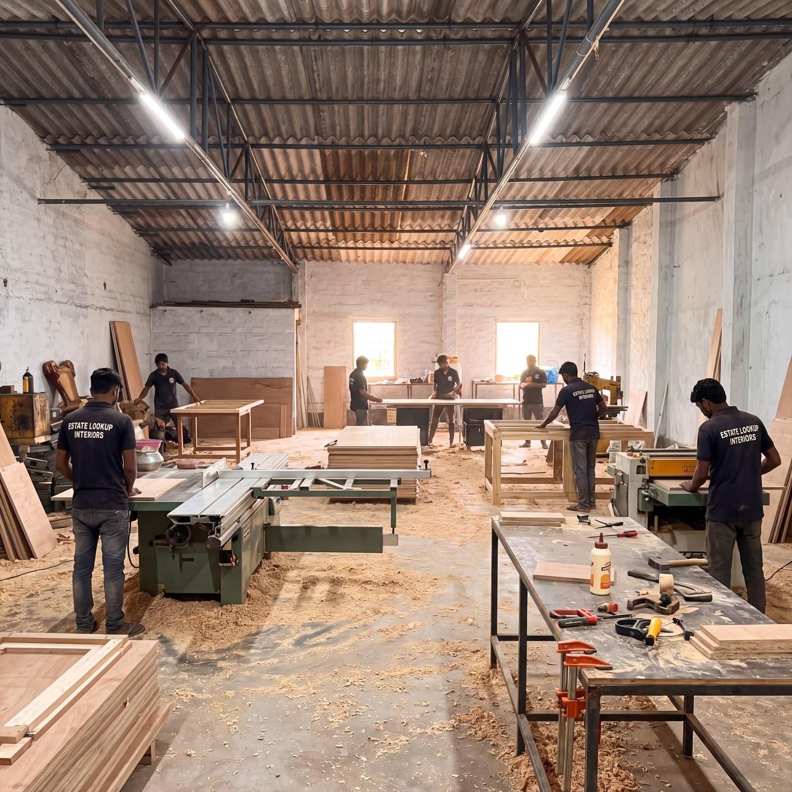 Interior Design Cost in Kolkata (2026–27): 1 BHK, 2 BHK, 3 BHK & 4 BHK — The Fully Updated Price Guide 8 Estate Lookup Interiors in-house furniture manufacturing factory in Kolkata with craftsmen in branded uniforms working on carpentry and modular units
