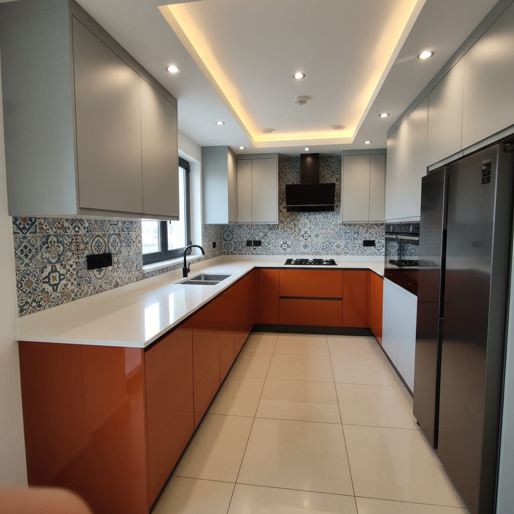 Interior Design Cost in Kolkata (2026–27): 1 BHK, 2 BHK, 3 BHK & 4 BHK — The Fully Updated Price Guide 4 Modular kitchen in Kolkata with glossy laminate shutters, quartz countertop and false-ceiling cove lighting by Estate Lookup Interiors