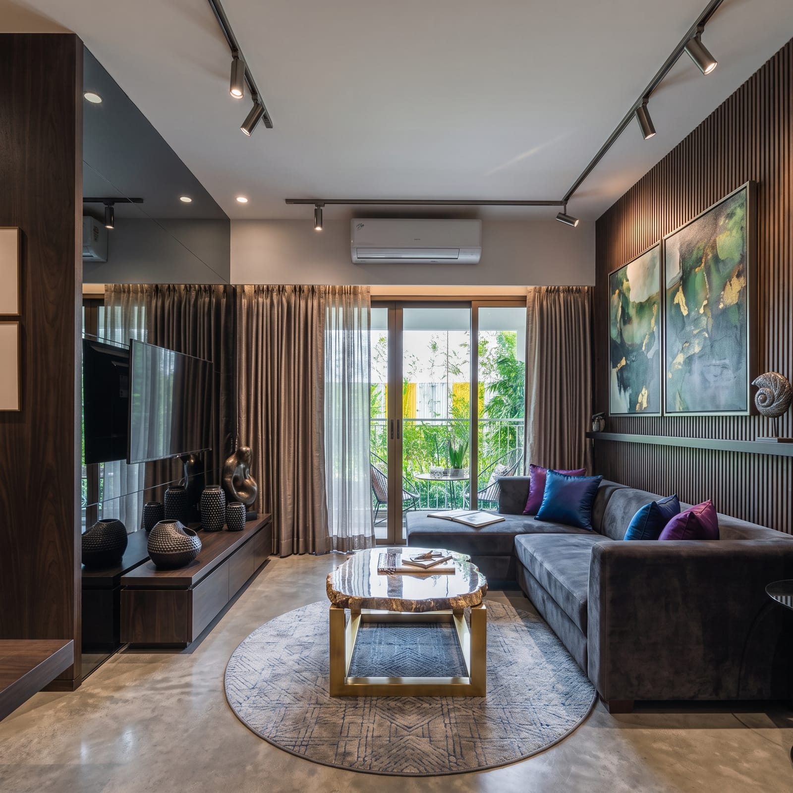 A Moody, Jewel-Toned Living Room in Kolkata: Design Breakdown by Estate Lookup Interiors 8 Walnut TV console with bronze sculpture and ceramic vases in a designer living room in Kolkata