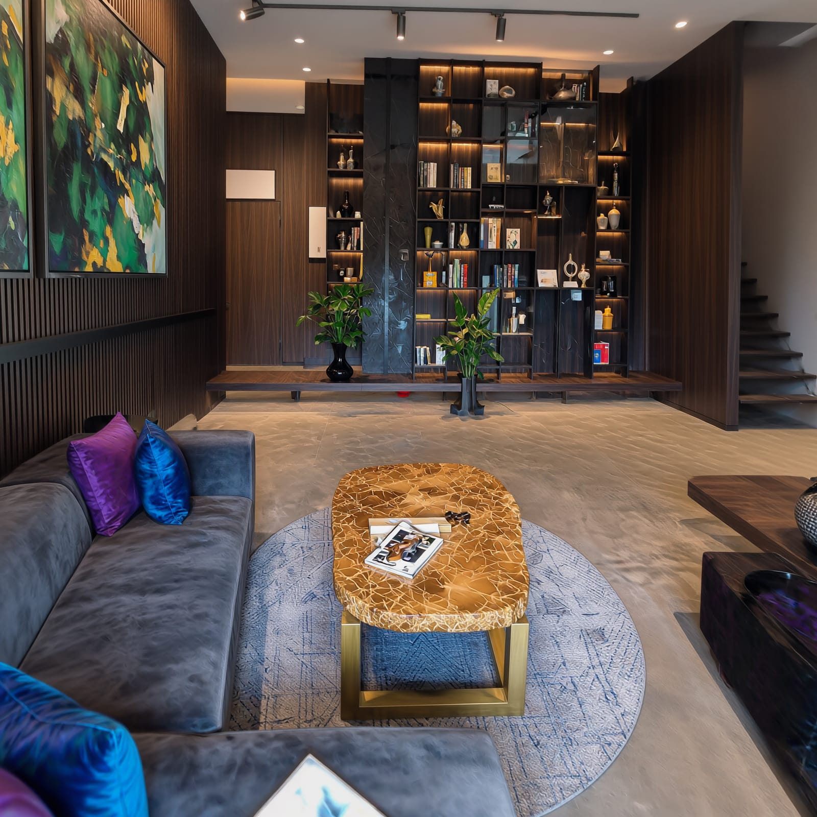 A Moody, Jewel-Toned Living Room in Kolkata: Design Breakdown by Estate Lookup Interiors 6 Living room interior design in Kolkata with backlit display shelving, fluted wood panelling and sculptural coffee table by Estate Lookup Interiors