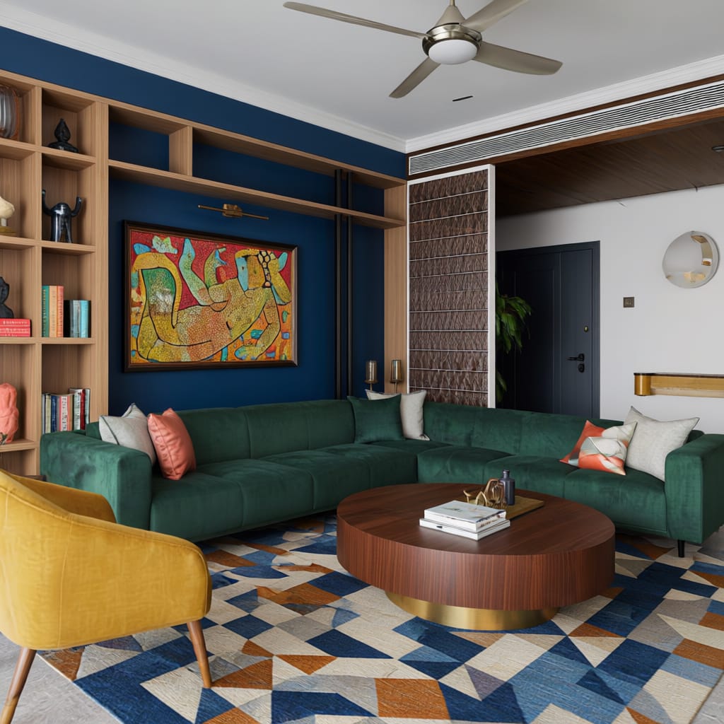 Interior Design Cost in Kolkata (2026–27): 1 BHK, 2 BHK, 3 BHK & 4 BHK — The Fully Updated Price Guide 5 2 BHK living room interior in Kolkata with a green sectional sofa, wooden display shelving and statement artwork designed by Estate Lookup Interiors