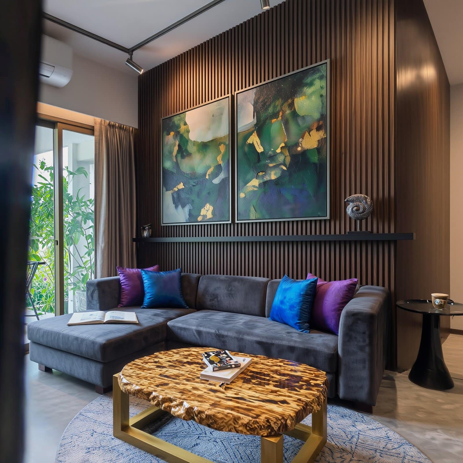 A Moody, Jewel-Toned Living Room in Kolkata: Design Breakdown by Estate Lookup Interiors 3 Grey sectional sofa with blue and purple cushions under abstract green-gold artwork on fluted wood wall, designed by interior design firm in Kolkata