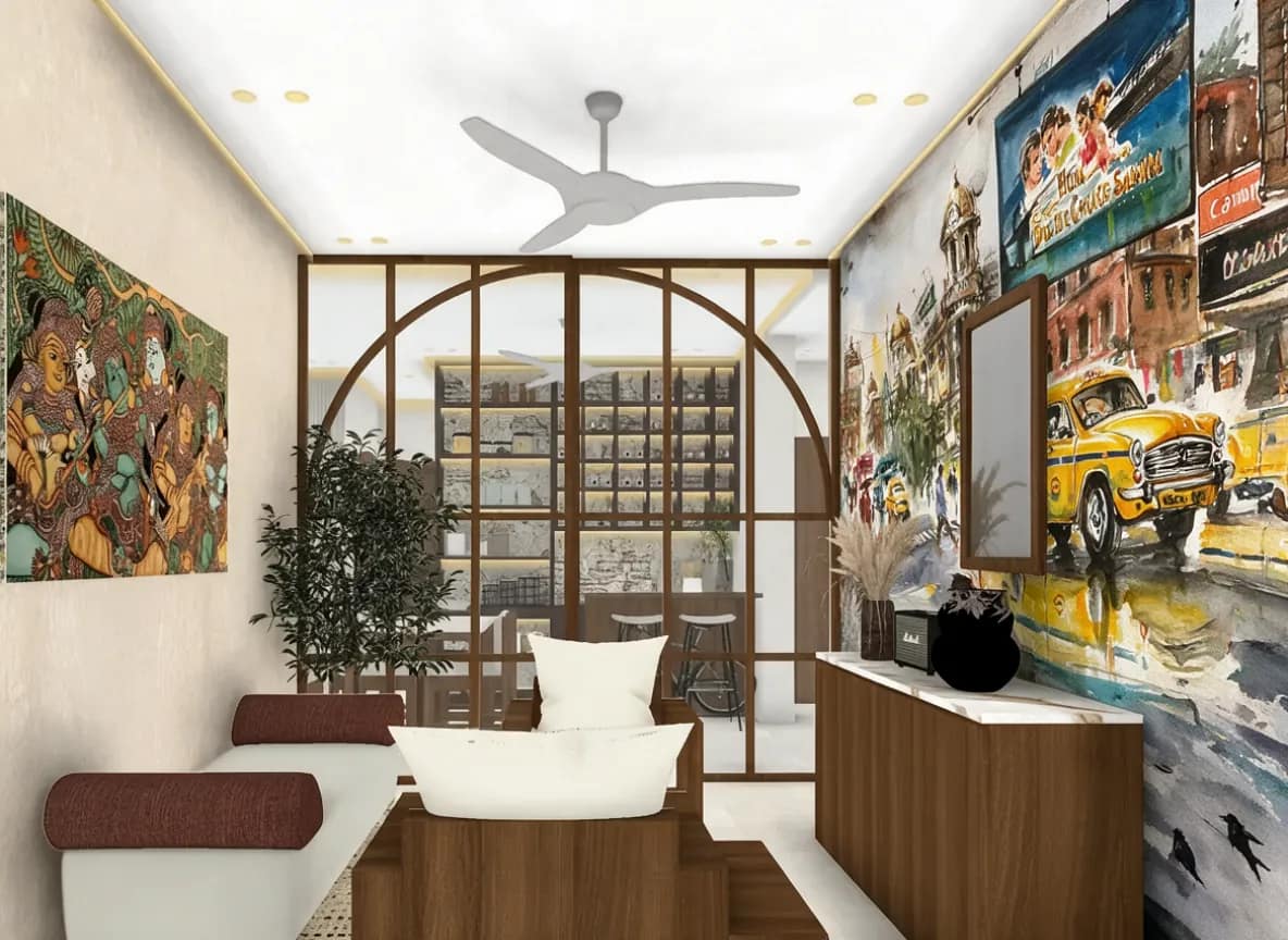 Interior Design Beyond Panels: Creative, Psychology-Led Ideas for Happier Kolkata Homes 6 Foyer design with a hand-painted Kolkata street mural showing a yellow Ambassador taxi and old cinema hoardings, an Indian mural-style painting, wooden arched glass partition and a walnut console