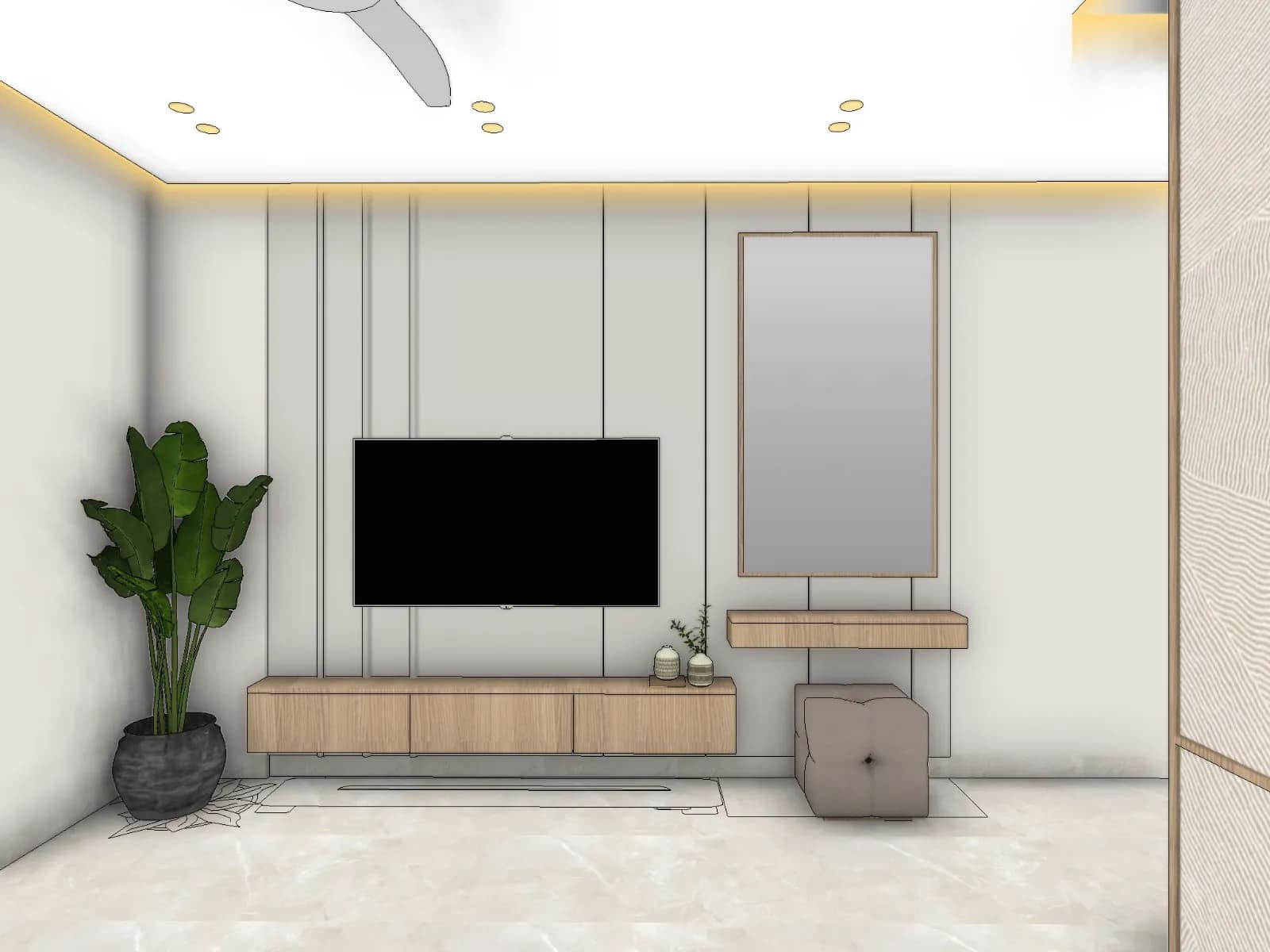 Interior Design Beyond Panels: Creative, Psychology-Led Ideas for Happier Kolkata Homes 11 Bedroom TV wall design with grooved off-white wall panelling, floating oak TV console, wall-mounted dressing shelf with tall oak-framed mirror and a tufted pouf