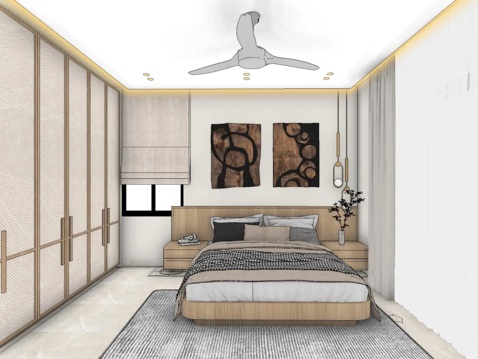 Interior Design Beyond Panels: Creative, Psychology-Led Ideas for Happier Kolkata Homes 10 Bedroom 3D design showing a floating light-oak bed with rounded corners, extended headboard with floating side tables, pair of carved burl-wood wall art panels, brass pendant lights and a linen Roman blind
