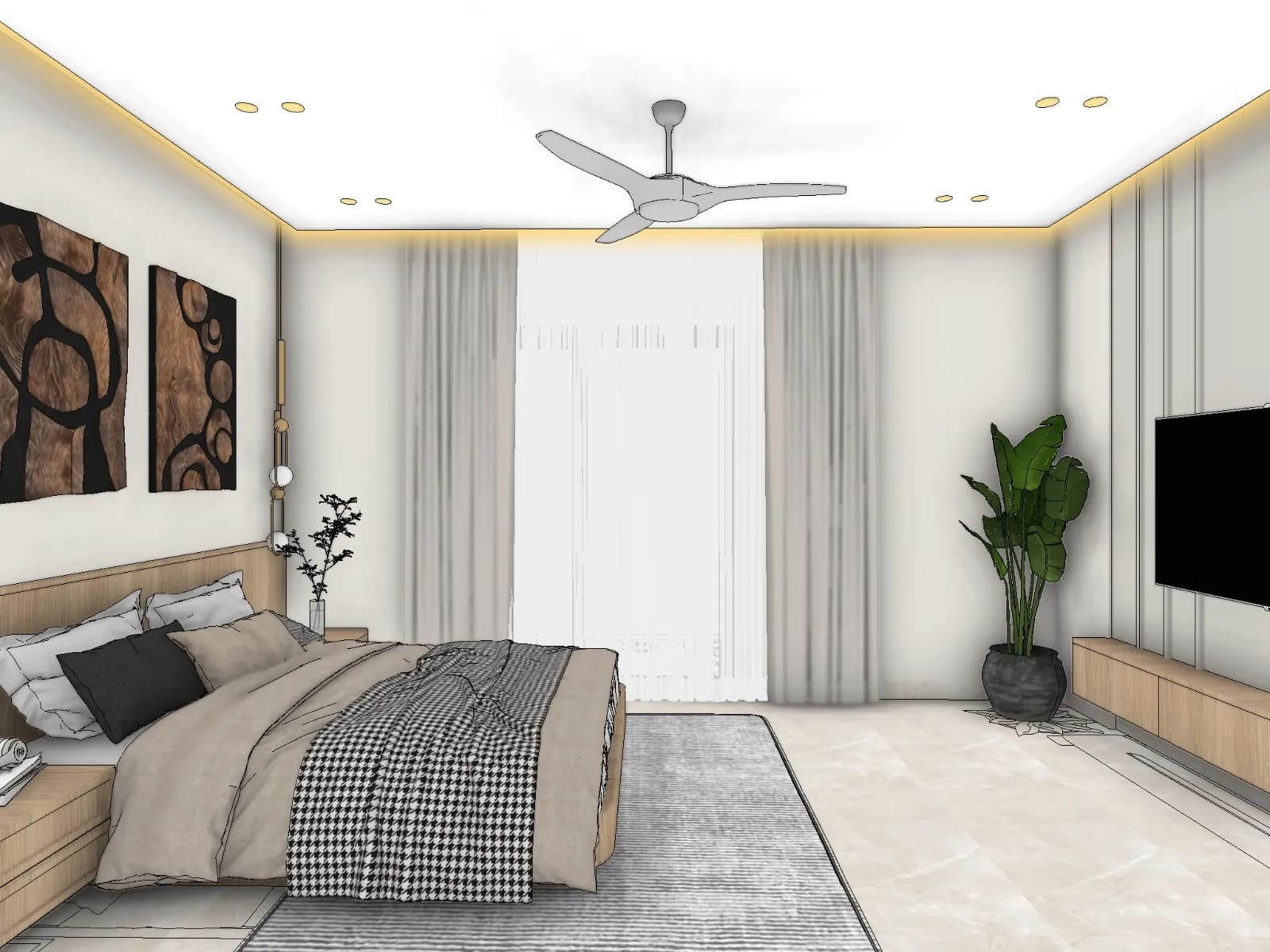 Interior Design Beyond Panels: Creative, Psychology-Led Ideas for Happier Kolkata Homes 9 3D design of a calm master bedroom with beige and grey bedding, light oak headboard panel, carved wooden wall art, sheer and blackout curtains, cove lighting and a potted bird-of-paradise plant