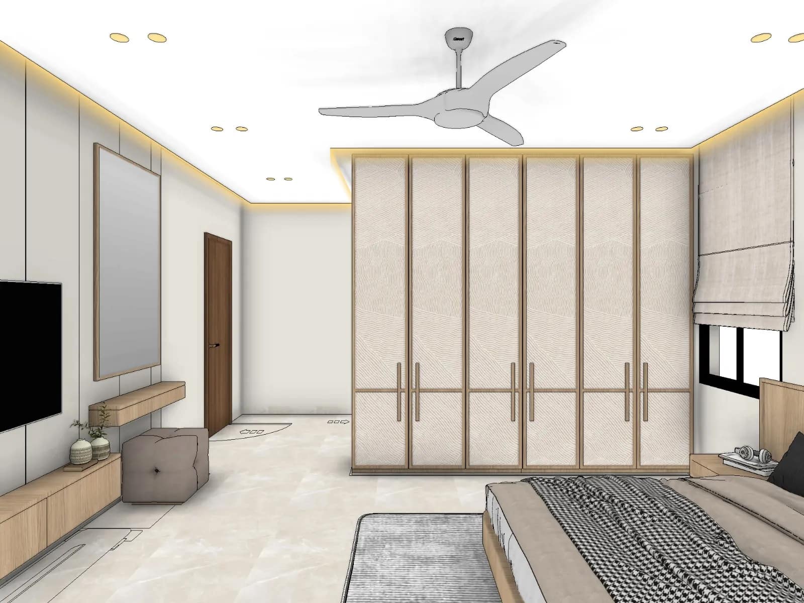 Interior Design Beyond Panels: Creative, Psychology-Led Ideas for Happier Kolkata Homes 12 Six-door wardrobe with textured off-white fabric-finish shutters, slim oak frames and long bronze handles, with recessed cove lighting above in a bedroom 3D design
