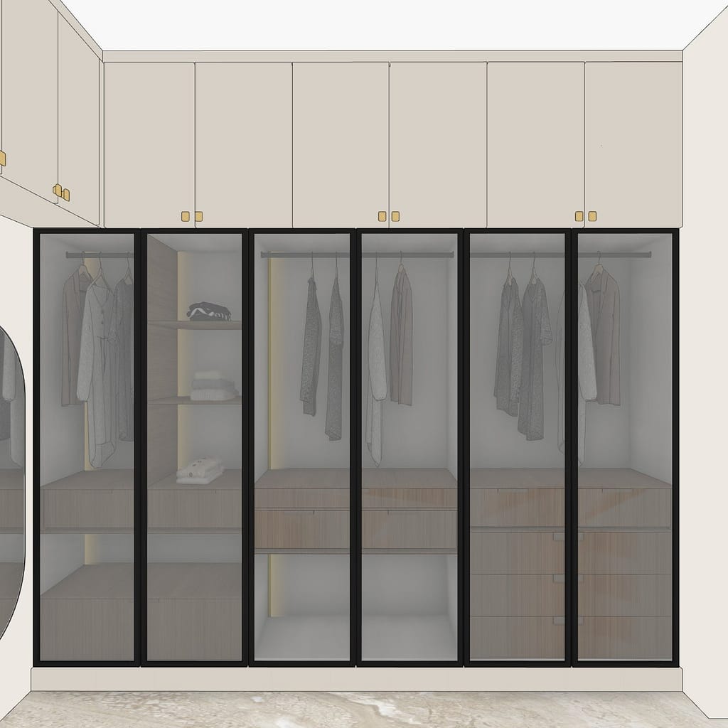 3D Home Interior Design in Kolkata: 19 Stunning Room Views of a Modern Family Home 14 Walk-in wardrobe with black-framed glass shutters, hanging rails, drawers, profile lighting and beige loft cabinets with brass handles