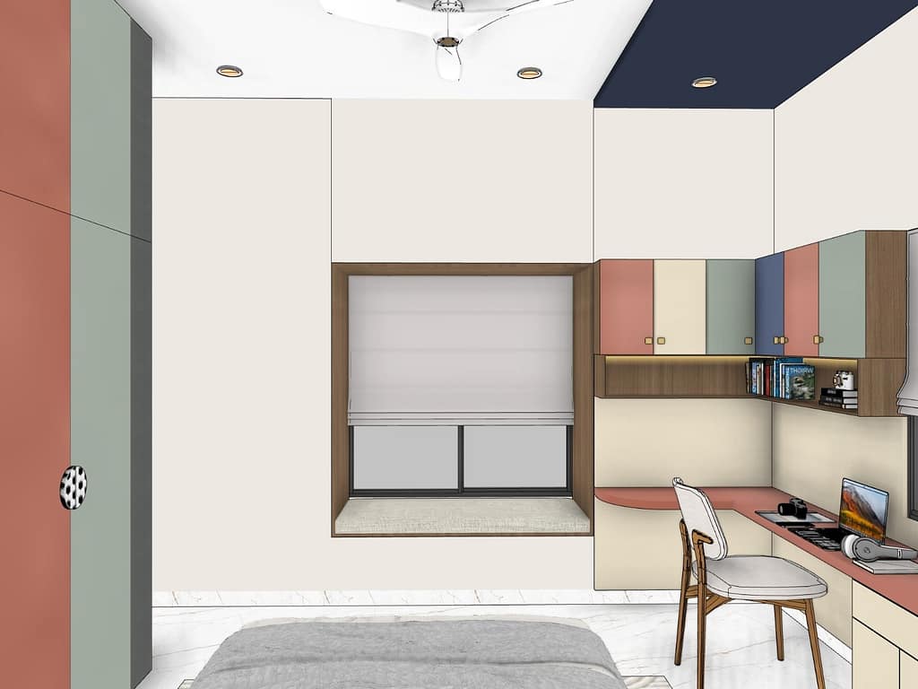 3D Home Interior Design in Kolkata: 19 Stunning Room Views of a Modern Family Home 19 Window seat in a walnut frame with roman blind beside a corner study unit with pastel cabinets in a kids bedroom