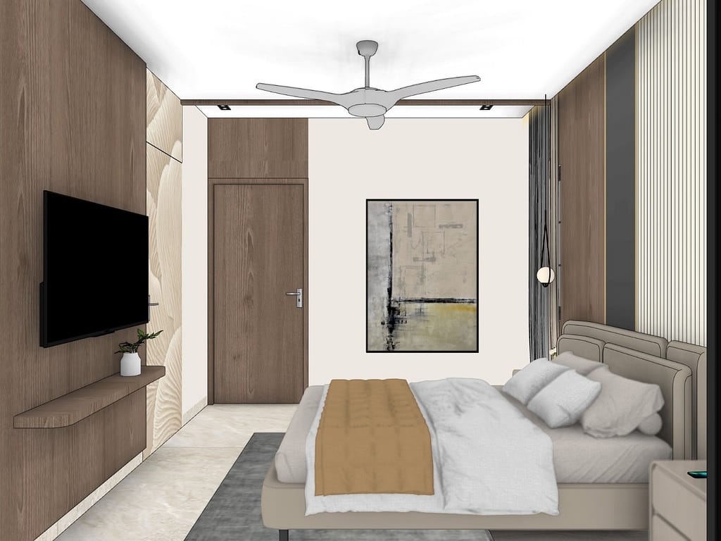 3D Home Interior Design in Kolkata: 19 Stunning Room Views of a Modern Family Home 13 Master bedroom with walnut TV wall, floating shelf, textured panel and abstract art opposite the upholstered bed
