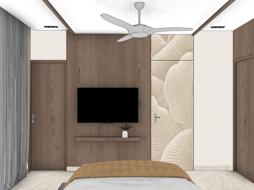 3D Home Interior Design in Kolkata: 19 Stunning Room Views of a Modern Family Home 12 Walnut veneer TV wall with floating shelf and a sculpted beige textured panel concealing a door in the master bedroom