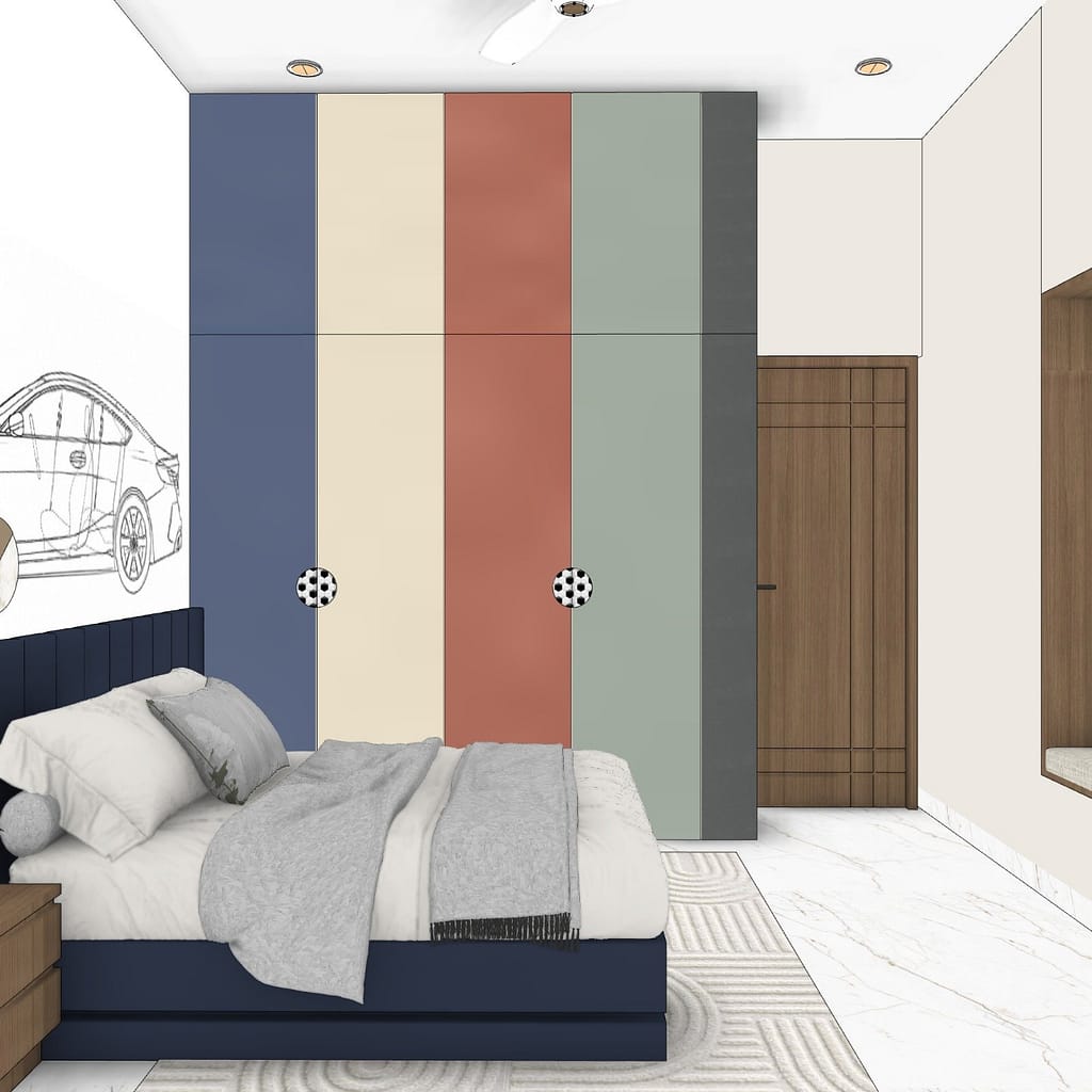 3D Home Interior Design in Kolkata: 19 Stunning Room Views of a Modern Family Home 17 Full-height kids wardrobe with blue, cream, terracotta, sage and grey shutters and football-shaped knobs beside a navy bed