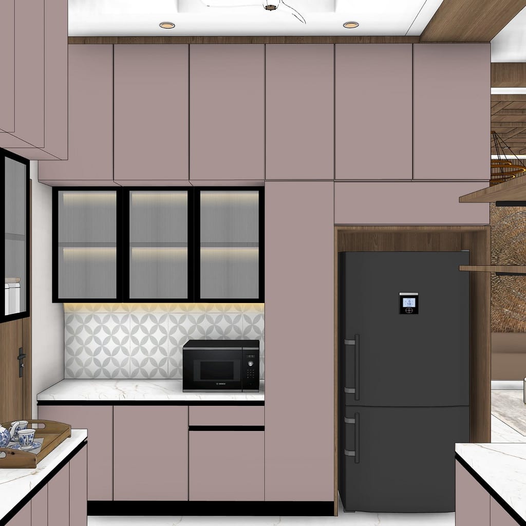 3D Home Interior Design in Kolkata: 19 Stunning Room Views of a Modern Family Home 8 Kitchen wall with full-height mauve storage, walnut-lined refrigerator niche, microwave counter and lit fluted glass cabinets
