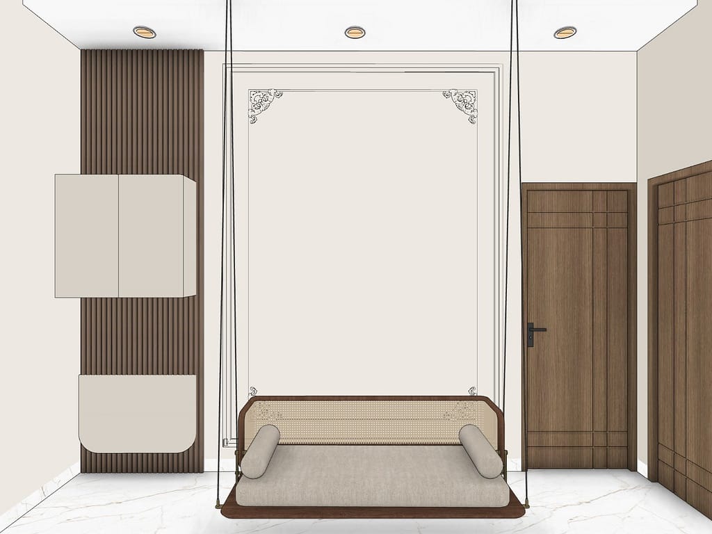 3D Home Interior Design in Kolkata: 19 Stunning Room Views of a Modern Family Home 20 Room with a hanging cane-backed jhoola swing, classic wall moulding with ornate corners, fluted walnut panel and wall-mounted storage