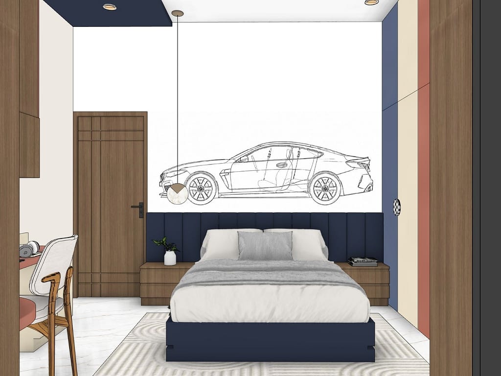 3D Home Interior Design in Kolkata: 19 Stunning Room Views of a Modern Family Home 16 Kids bedroom with a car line-drawing wall mural, navy channel-tufted headboard, walnut side tables, pendant light and colourful wardrobe