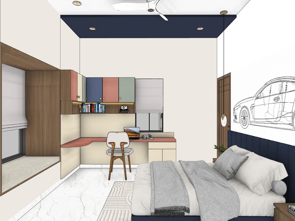 3D Home Interior Design in Kolkata: 19 Stunning Room Views of a Modern Family Home 18 Kids room with L-shaped study desk, colourful overhead cabinets, lit book shelf and a walnut-framed window seat