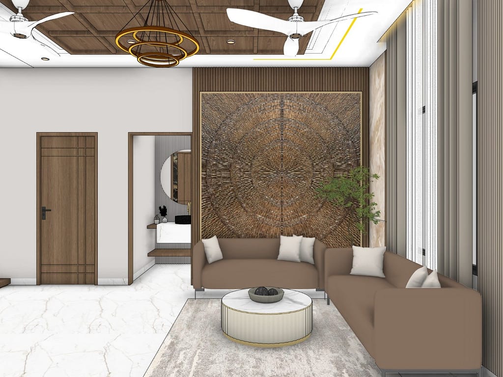 Living room L-shaped sofa arrangement against a large carved wood panel with a view through to the fluted wash basin area