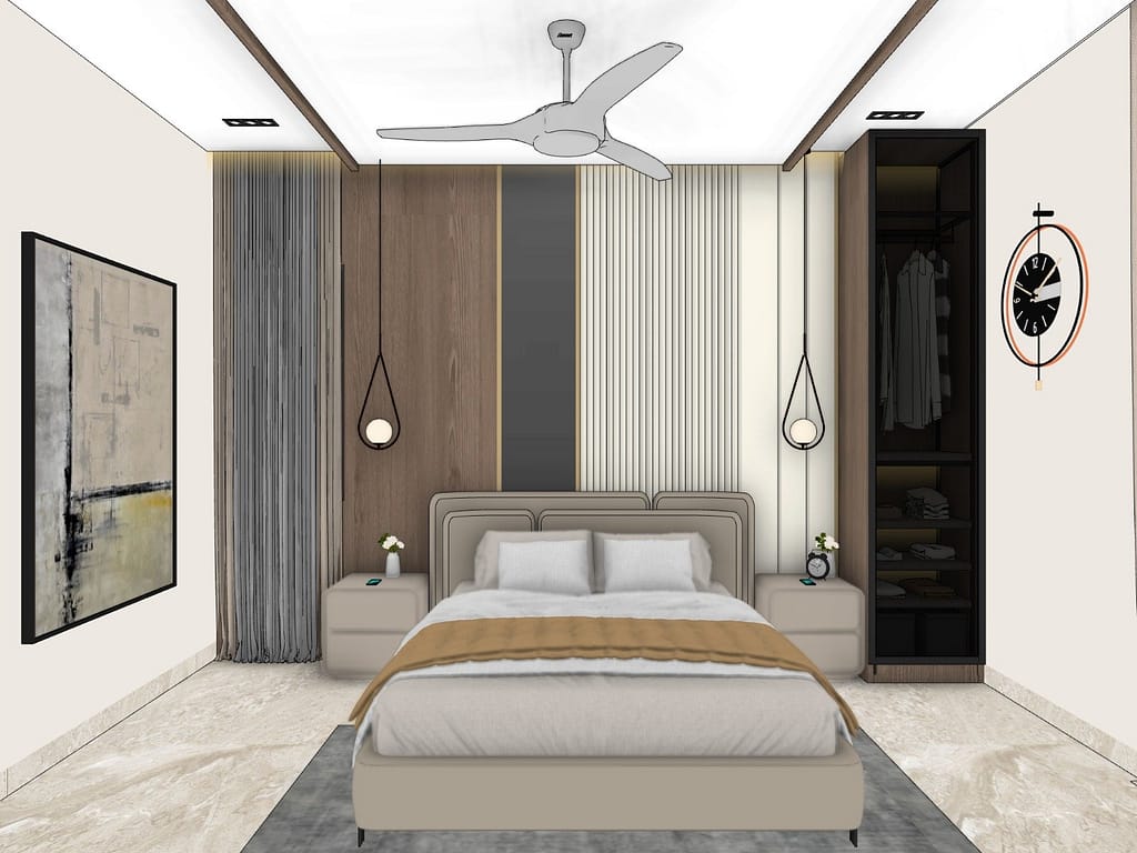 3D Home Interior Design in Kolkata: 19 Stunning Room Views of a Modern Family Home 11 Master bedroom with layered headboard wall of walnut, grey and fluted panels, upholstered bed, drop pendant lights and open glass wardrobe