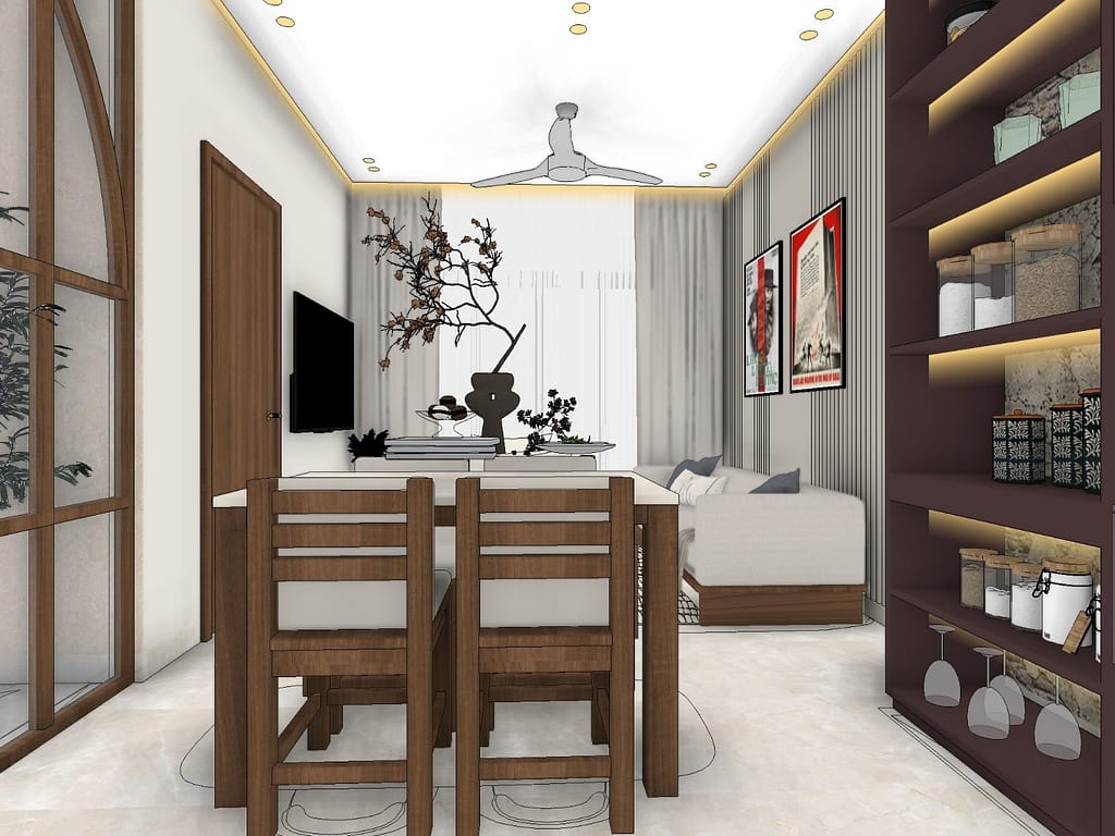 3D Apartment Interior Design in Kolkata: Inside a Warm, Modern Home (9 Views) 5 Four-seater walnut dining table beside a plum crockery unit with backlit shelves and glass storage jars, looking into a living room with sheer curtains in Kolkata