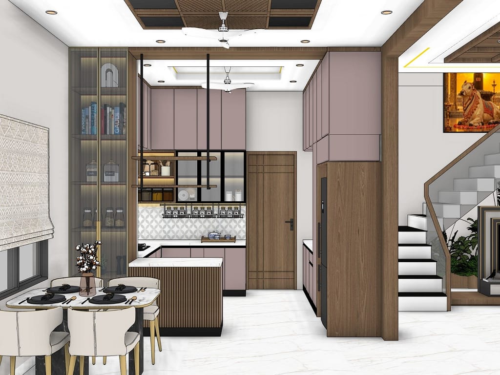 3D Home Interior Design in Kolkata: 19 Stunning Room Views of a Modern Family Home 6 Four-seater dining table with black marble base next to a mauve U-shaped modular kitchen with fluted breakfast counter, display unit and staircase in a Kolkata home